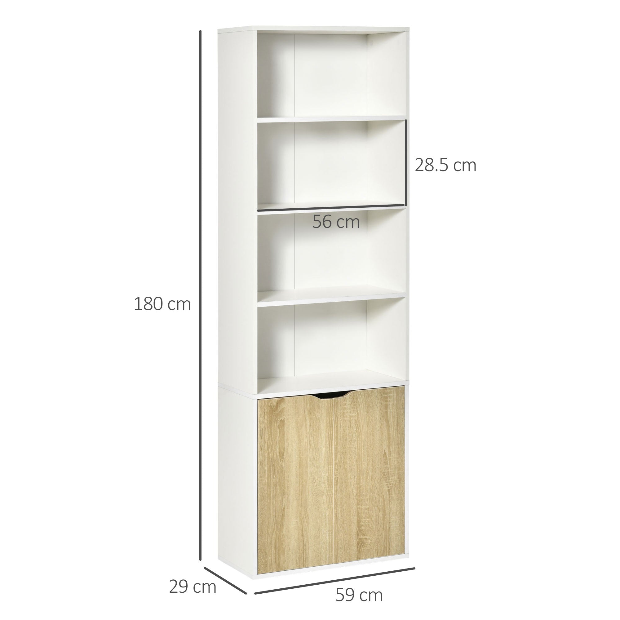 HOMCOM 6-Tier Tall Bookcase, Bookshelf with 4 Open Shelves and Double Door Storage Cabinet, Freestanding Display Rack for Living Room, Bedroom, Home Office, Study, 59 x 29 x 180cm, White and Oak 