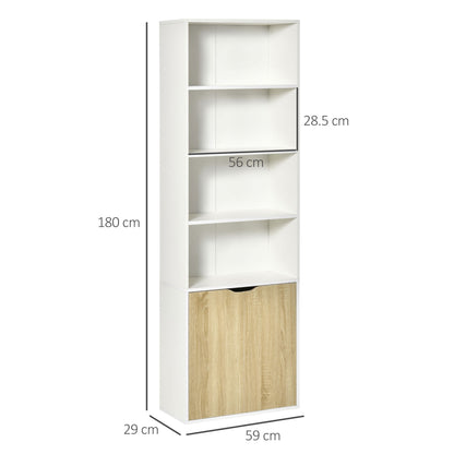 HOMCOM 6-Tier Tall Bookcase, Bookshelf with 4 Open Shelves and Double Door Storage Cabinet, Freestanding Display Rack for Living Room, Bedroom, Home Office, Study, 59 x 29 x 180cm, White and Oak 