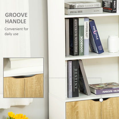 HOMCOM 6-Tier Tall Bookcase, Bookshelf with 4 Open Shelves and Double Door Storage Cabinet, Freestanding Display Rack for Living Room, Bedroom, Home Office, Study, 59 x 29 x 180cm, White and Oak 