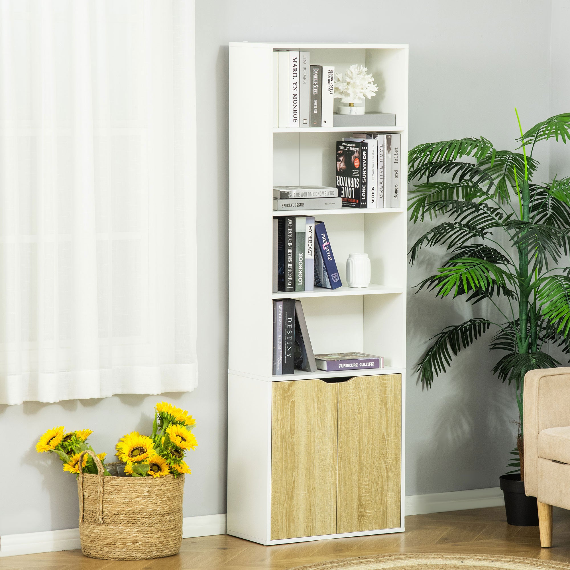 HOMCOM 6-Tier Tall Bookcase, Bookshelf with 4 Open Shelves and Double Door Storage Cabinet, Freestanding Display Rack for Living Room, Bedroom, Home Office, Study, 59 x 29 x 180cm, White and Oak 