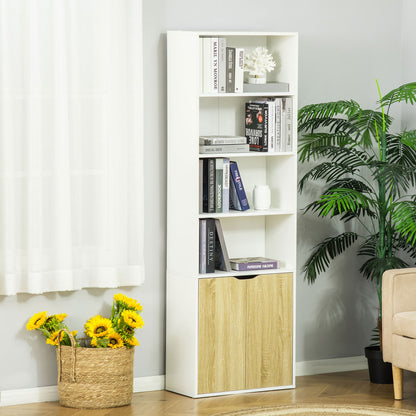HOMCOM 6-Tier Tall Bookcase, Bookshelf with 4 Open Shelves and Double Door Storage Cabinet, Freestanding Display Rack for Living Room, Bedroom, Home Office, Study, 59 x 29 x 180cm, White and Oak 