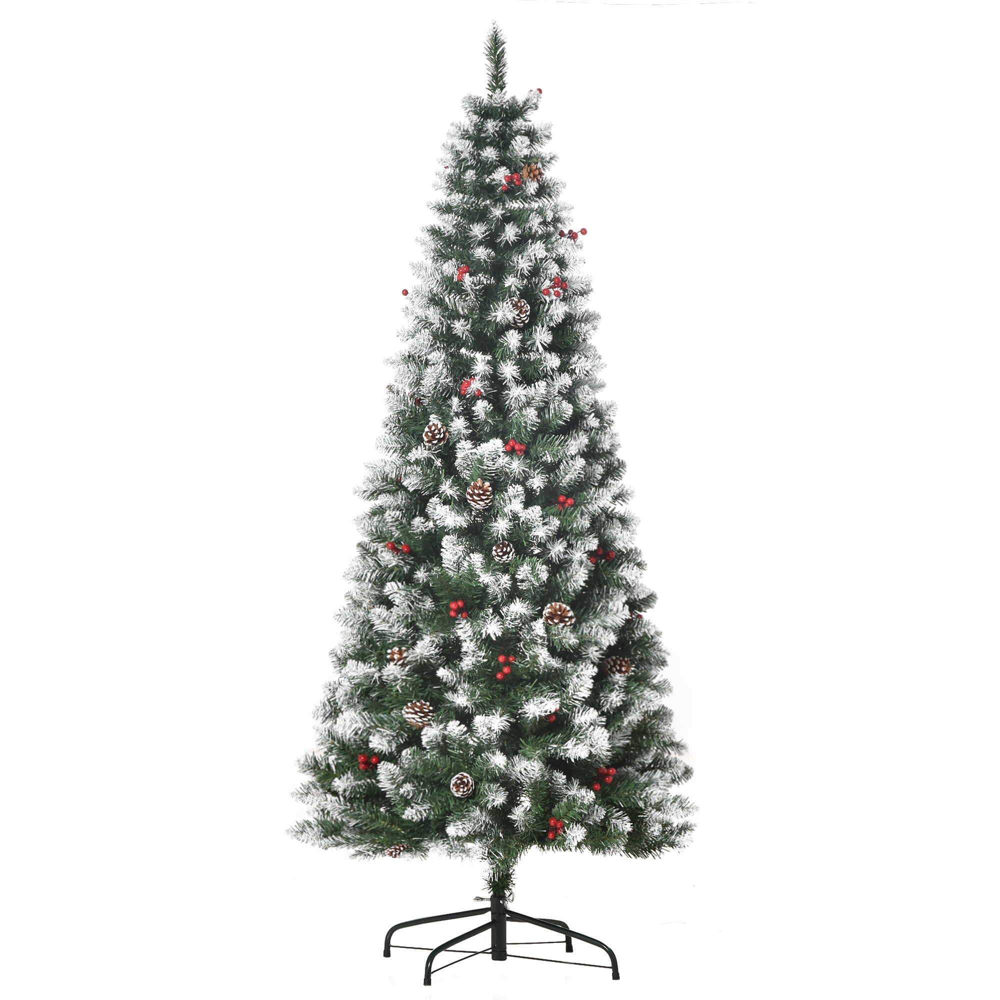 HOMCOM 6FT Artificial Christmas Tree Xmas Pencil Tree with Red Berries and Pinecones Holiday Home Indoor Decoration with Foldable Feet, Green 