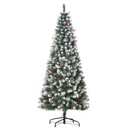 HOMCOM 6FT Artificial Christmas Tree Xmas Pencil Tree with Red Berries and Pinecones Holiday Home Indoor Decoration with Foldable Feet, Green 