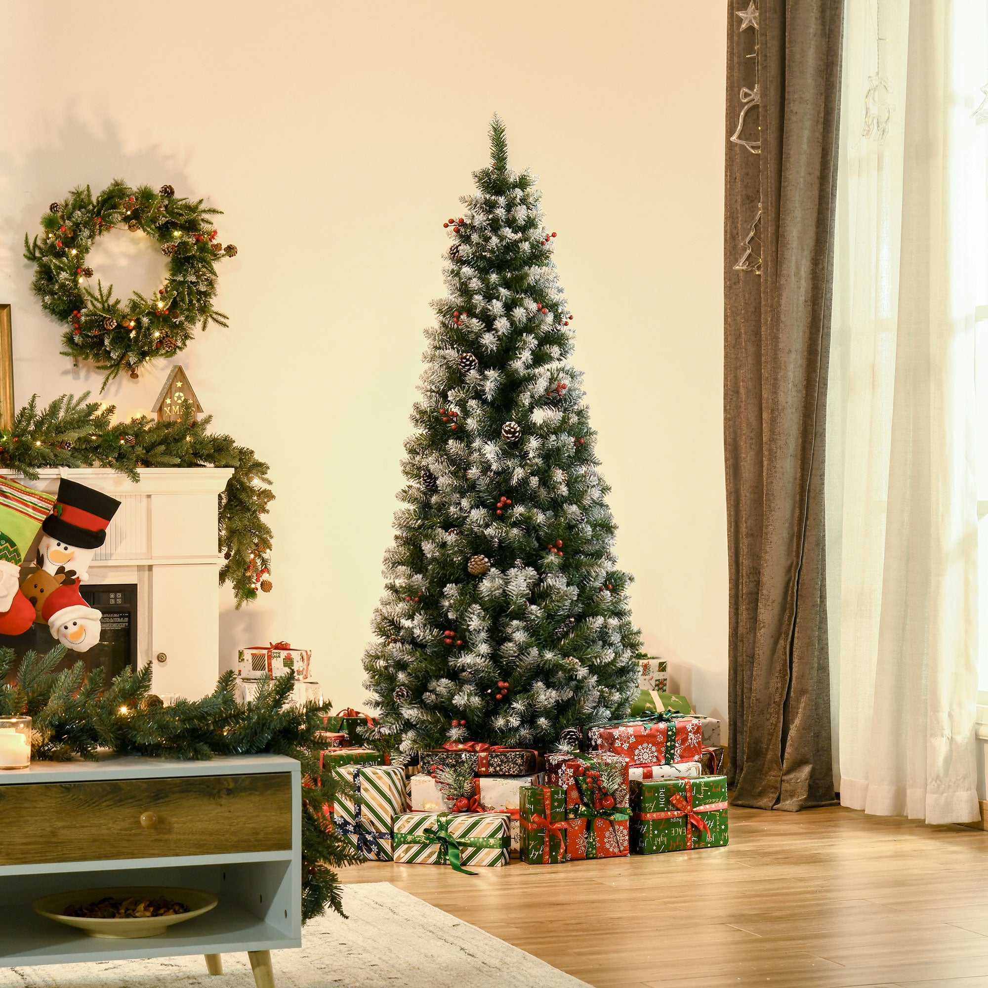 HOMCOM 6FT Artificial Christmas Tree Xmas Pencil Tree with Red Berries and Pinecones Holiday Home Indoor Decoration with Foldable Feet, Green 