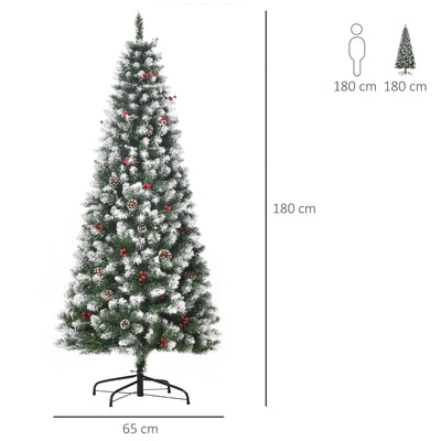 HOMCOM 6FT Artificial Christmas Tree Xmas Pencil Tree with Red Berries and Pinecones Holiday Home Indoor Decoration with Foldable Feet, Green 
