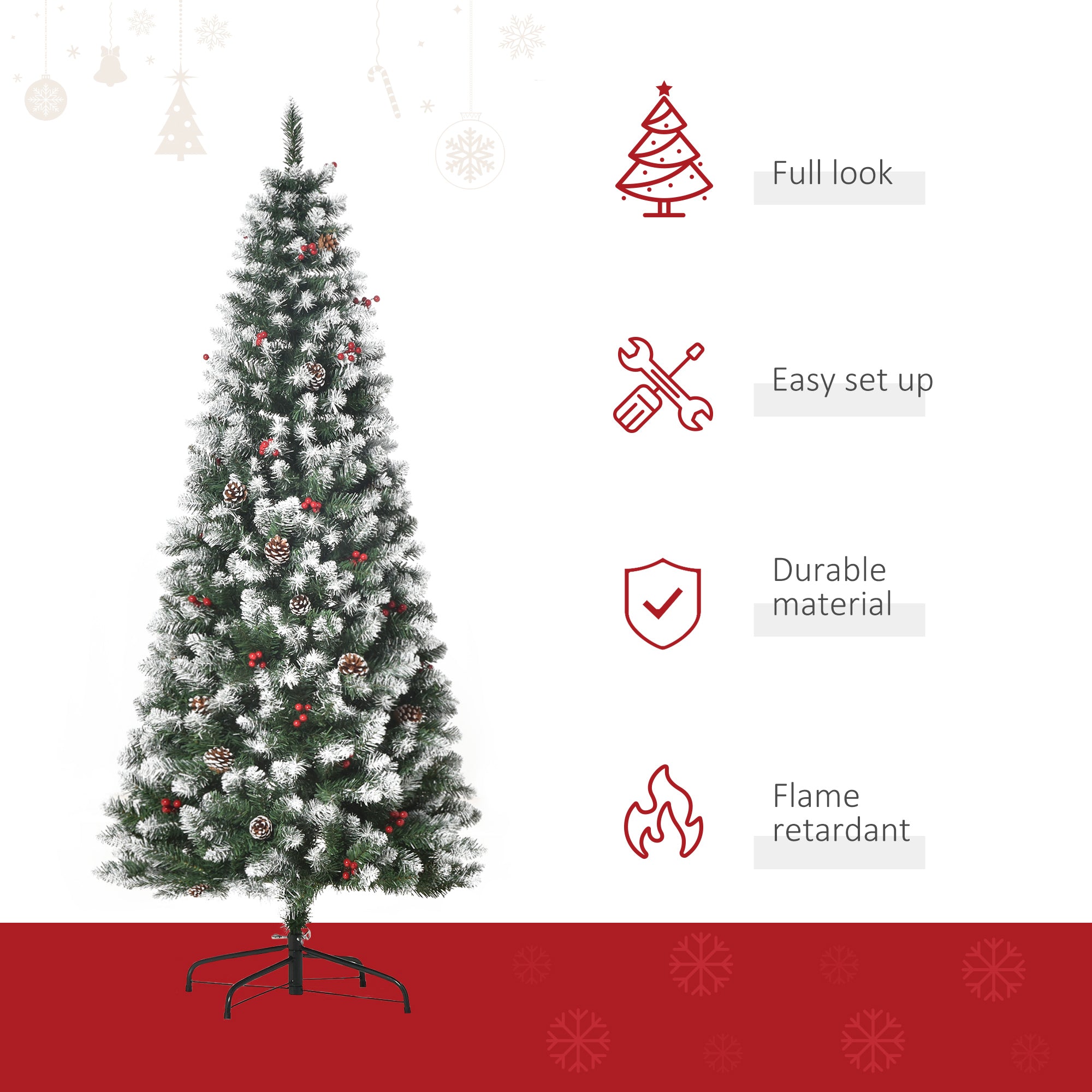 HOMCOM 6FT Artificial Christmas Tree Xmas Pencil Tree with Red Berries and Pinecones Holiday Home Indoor Decoration with Foldable Feet, Green 