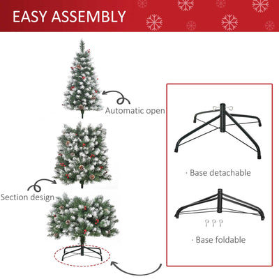 HOMCOM 6FT Artificial Christmas Tree Xmas Pencil Tree with Red Berries and Pinecones Holiday Home Indoor Decoration with Foldable Feet, Green 