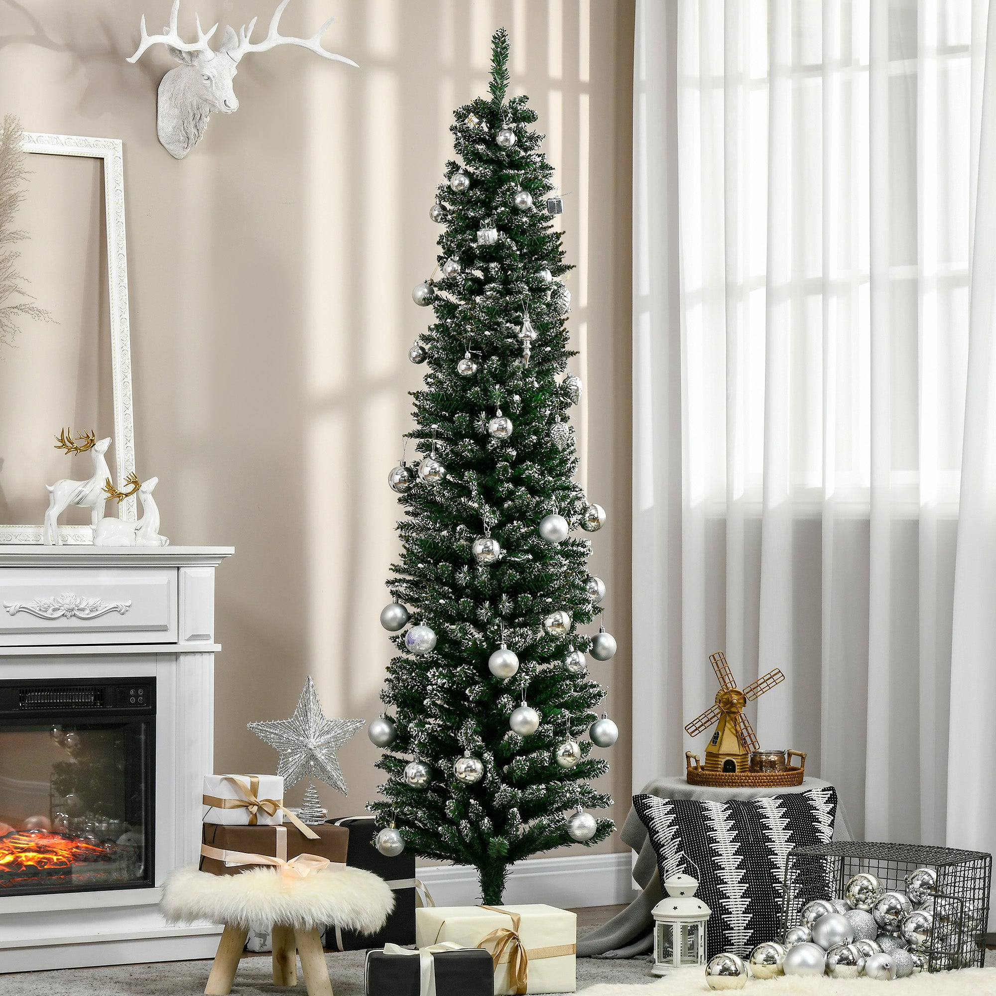 HOMCOM 6FT Artificial Snow Dipped Christmas Tree Xmas Pencil Tree Holiday Home Indoor Decoration with Foldable Black Stand, Green 