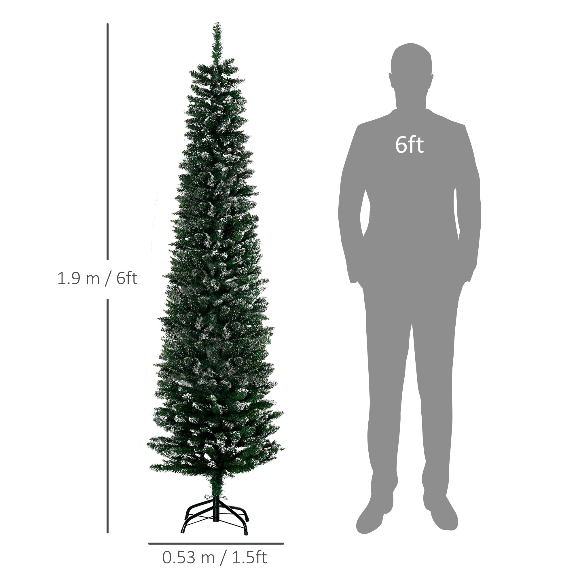 HOMCOM 6FT Artificial Snow Dipped Christmas Tree Xmas Pencil Tree Holiday Home Indoor Decoration with Foldable Black Stand, Green 