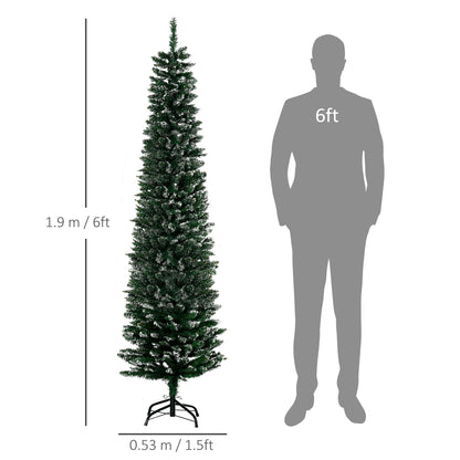 HOMCOM 6FT Artificial Snow Dipped Christmas Tree Xmas Pencil Tree Holiday Home Indoor Decoration with Foldable Black Stand, Green 