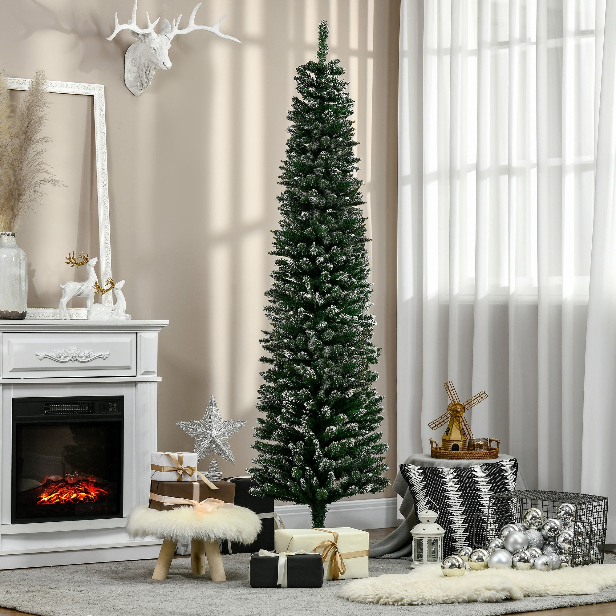 HOMCOM 6FT Artificial Snow Dipped Christmas Tree Xmas Pencil Tree Holiday Home Indoor Decoration with Foldable Black Stand, Green 