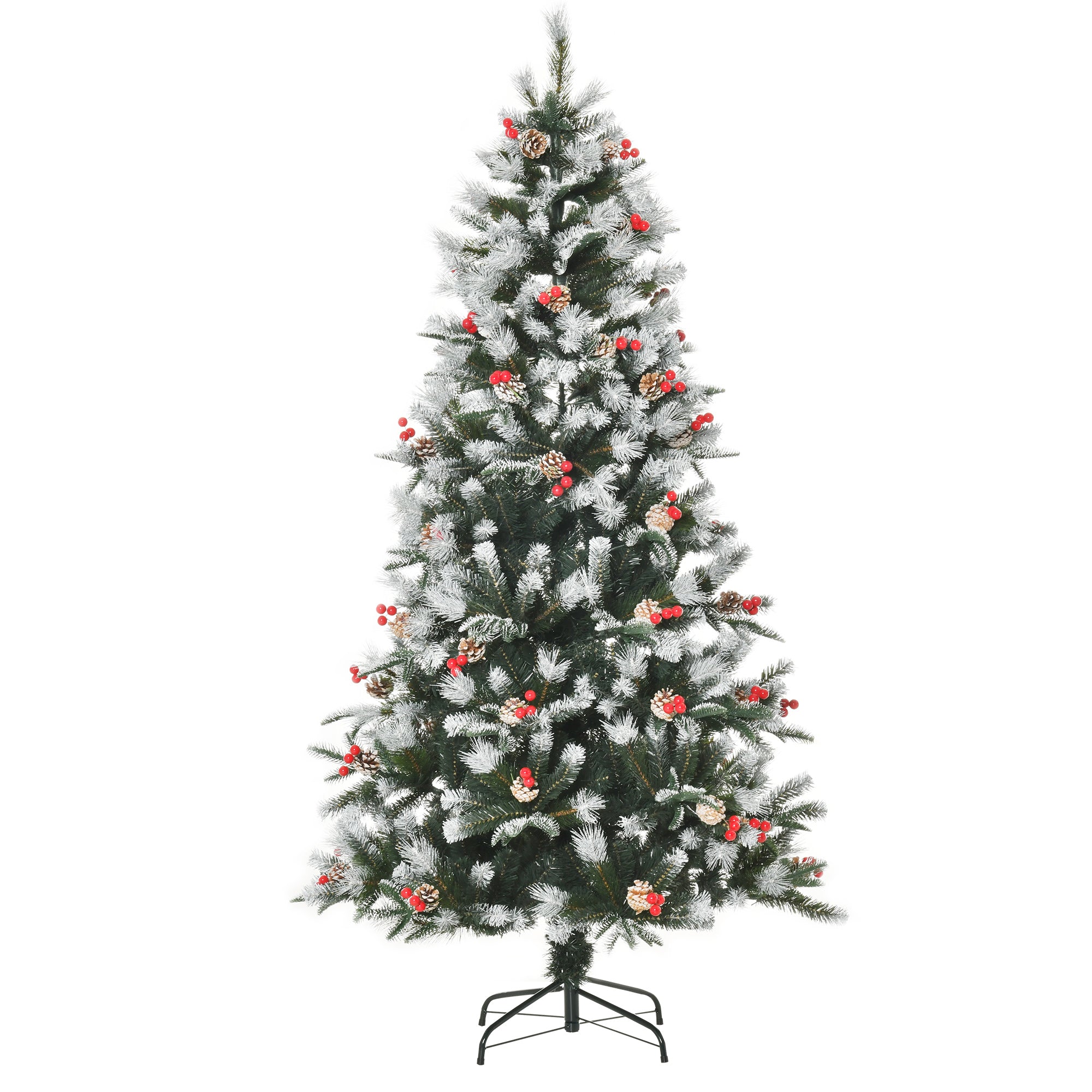 HOMCOM 6FT Artificial Snow Dipped Christmas Tree Xmas Pencil Tree Holiday Home Party Decoration with Foldable Feet Red Berries White Pinecones, Green 