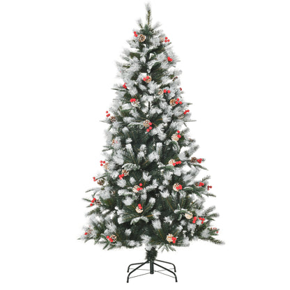 HOMCOM 6FT Artificial Snow Dipped Christmas Tree Xmas Pencil Tree Holiday Home Party Decoration with Foldable Feet Red Berries White Pinecones, Green 