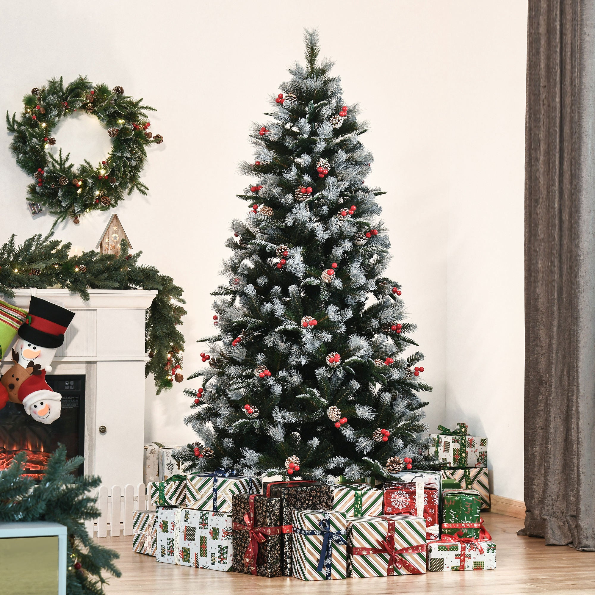 HOMCOM 6FT Artificial Snow Dipped Christmas Tree Xmas Pencil Tree Holiday Home Party Decoration with Foldable Feet Red Berries White Pinecones, Green 