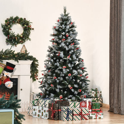 HOMCOM 6FT Artificial Snow Dipped Christmas Tree Xmas Pencil Tree Holiday Home Party Decoration with Foldable Feet Red Berries White Pinecones, Green 