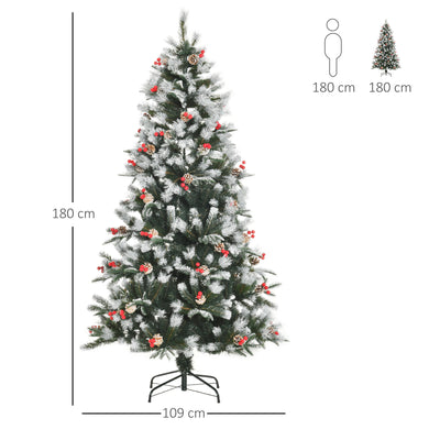 HOMCOM 6FT Artificial Snow Dipped Christmas Tree Xmas Pencil Tree Holiday Home Party Decoration with Foldable Feet Red Berries White Pinecones, Green 