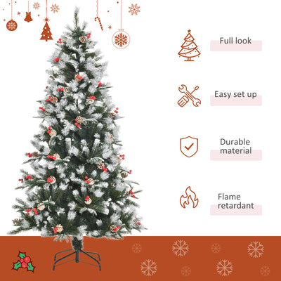 HOMCOM 6FT Artificial Snow Dipped Christmas Tree Xmas Pencil Tree Holiday Home Party Decoration with Foldable Feet Red Berries White Pinecones, Green 
