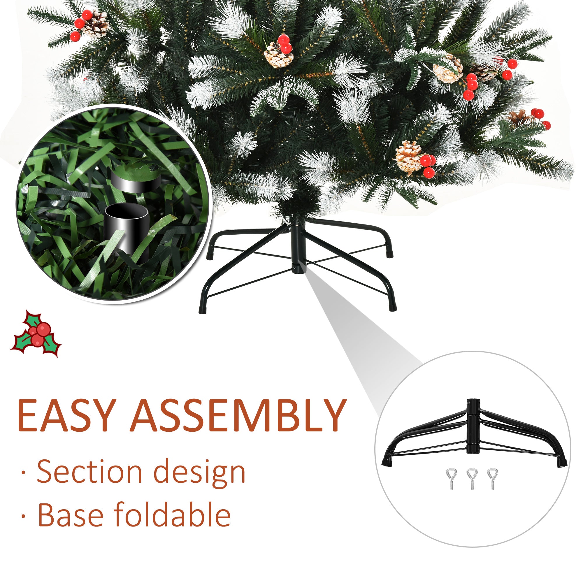 HOMCOM 6FT Artificial Snow Dipped Christmas Tree Xmas Pencil Tree Holiday Home Party Decoration with Foldable Feet Red Berries White Pinecones, Green 