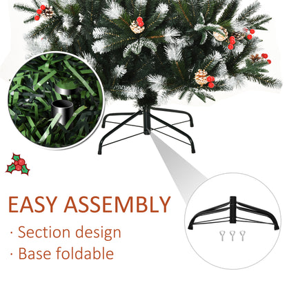 HOMCOM 6FT Artificial Snow Dipped Christmas Tree Xmas Pencil Tree Holiday Home Party Decoration with Foldable Feet Red Berries White Pinecones, Green 