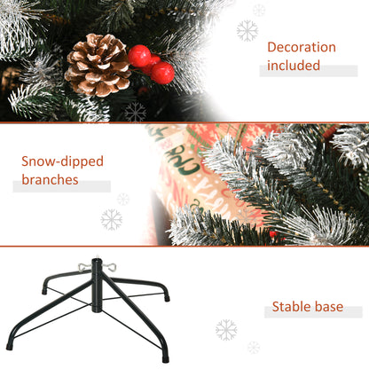 HOMCOM 6FT Artificial Snow Dipped Christmas Tree Xmas Pencil Tree Holiday Home Party Decoration with Foldable Feet Red Berries White Pinecones, Green 