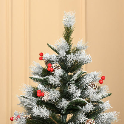 HOMCOM 6FT Artificial Snow Dipped Christmas Tree Xmas Pencil Tree Holiday Home Party Decoration with Foldable Feet Red Berries White Pinecones, Green 