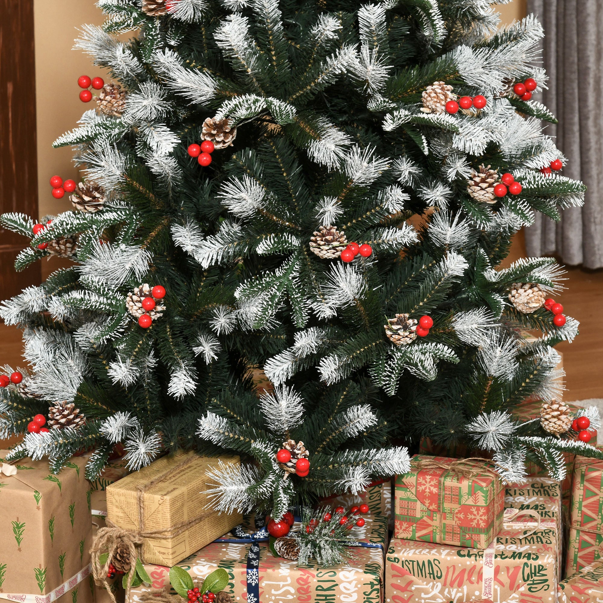 HOMCOM 6FT Artificial Snow Dipped Christmas Tree Xmas Pencil Tree Holiday Home Party Decoration with Foldable Feet Red Berries White Pinecones, Green 