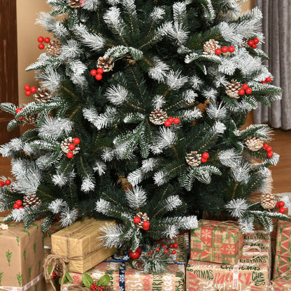 HOMCOM 6FT Artificial Snow Dipped Christmas Tree Xmas Pencil Tree Holiday Home Party Decoration with Foldable Feet Red Berries White Pinecones, Green 