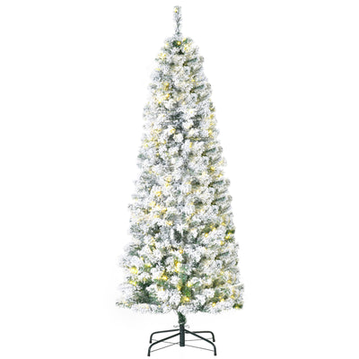 HOMCOM 6FT Prelit Artificial Snow Flocked Christmas Tree with Warm White LED Light, Holiday Home Xmas Decoration, Green White 