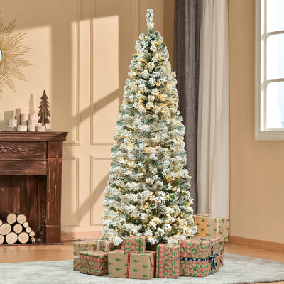 HOMCOM 6FT Prelit Artificial Snow Flocked Christmas Tree with Warm White LED Light, Holiday Home Xmas Decoration, Green White 