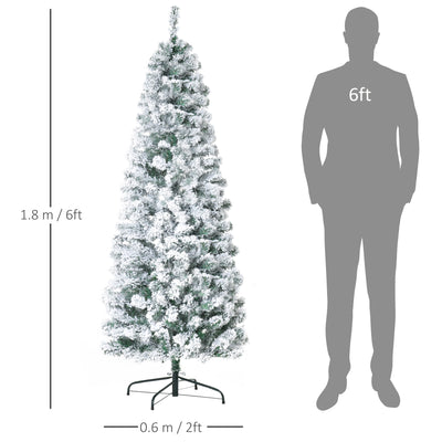 HOMCOM 6FT Prelit Artificial Snow Flocked Christmas Tree with Warm White LED Light, Holiday Home Xmas Decoration, Green White 