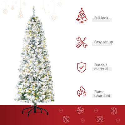 HOMCOM 6FT Prelit Artificial Snow Flocked Christmas Tree with Warm White LED Light, Holiday Home Xmas Decoration, Green White 