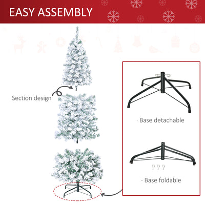 HOMCOM 6FT Prelit Artificial Snow Flocked Christmas Tree with Warm White LED Light, Holiday Home Xmas Decoration, Green White 