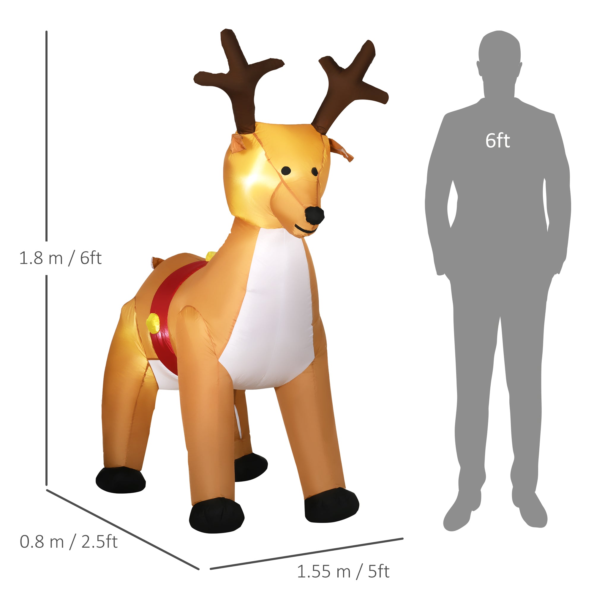 HOMCOM 6ft Christmas Inflatable Reindeer Decoration Xmas Indoor Outdoor Fun w/ Lights Accessories Holiday Blow Up Decor Animal 