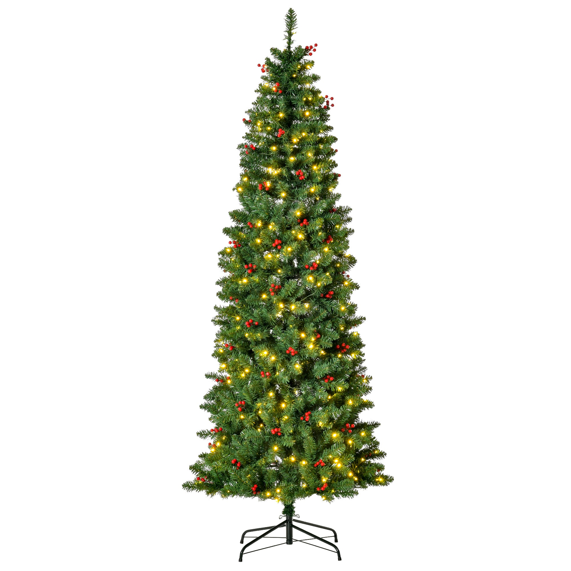 HOMCOM 7FT Prelit Artificial Pencil Christmas Tree with Warm White LED Light, Red Berry, Holiday Home Xmas Decoration, Green 