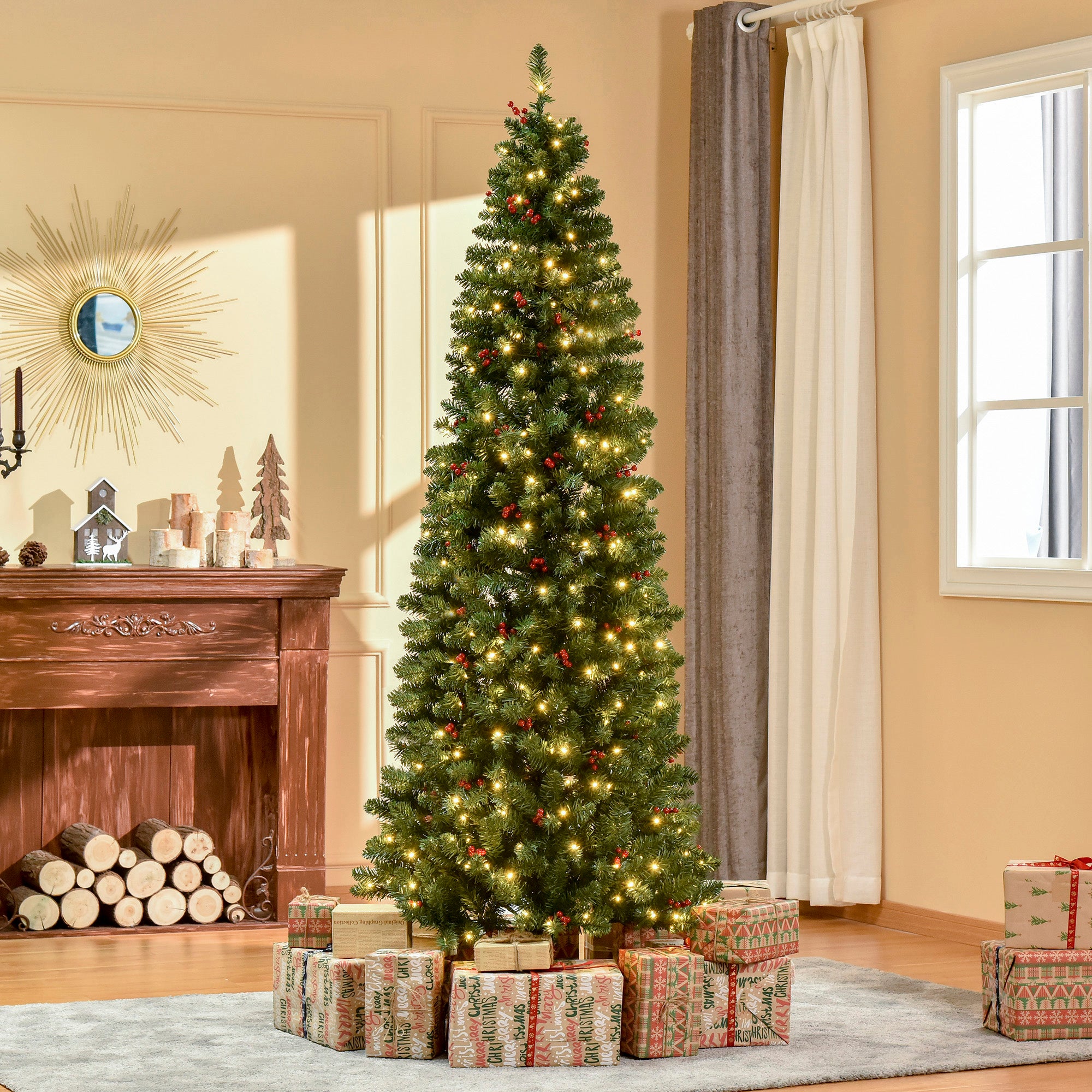 HOMCOM 7FT Prelit Artificial Pencil Christmas Tree with Warm White LED Light, Red Berry, Holiday Home Xmas Decoration, Green 