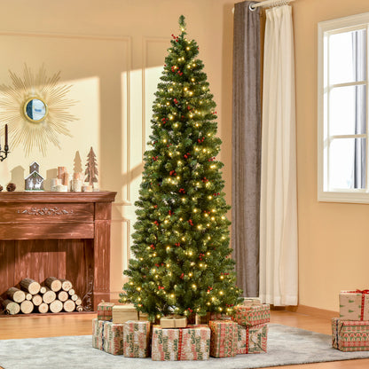 HOMCOM 7FT Prelit Artificial Pencil Christmas Tree with Warm White LED Light, Red Berry, Holiday Home Xmas Decoration, Green 