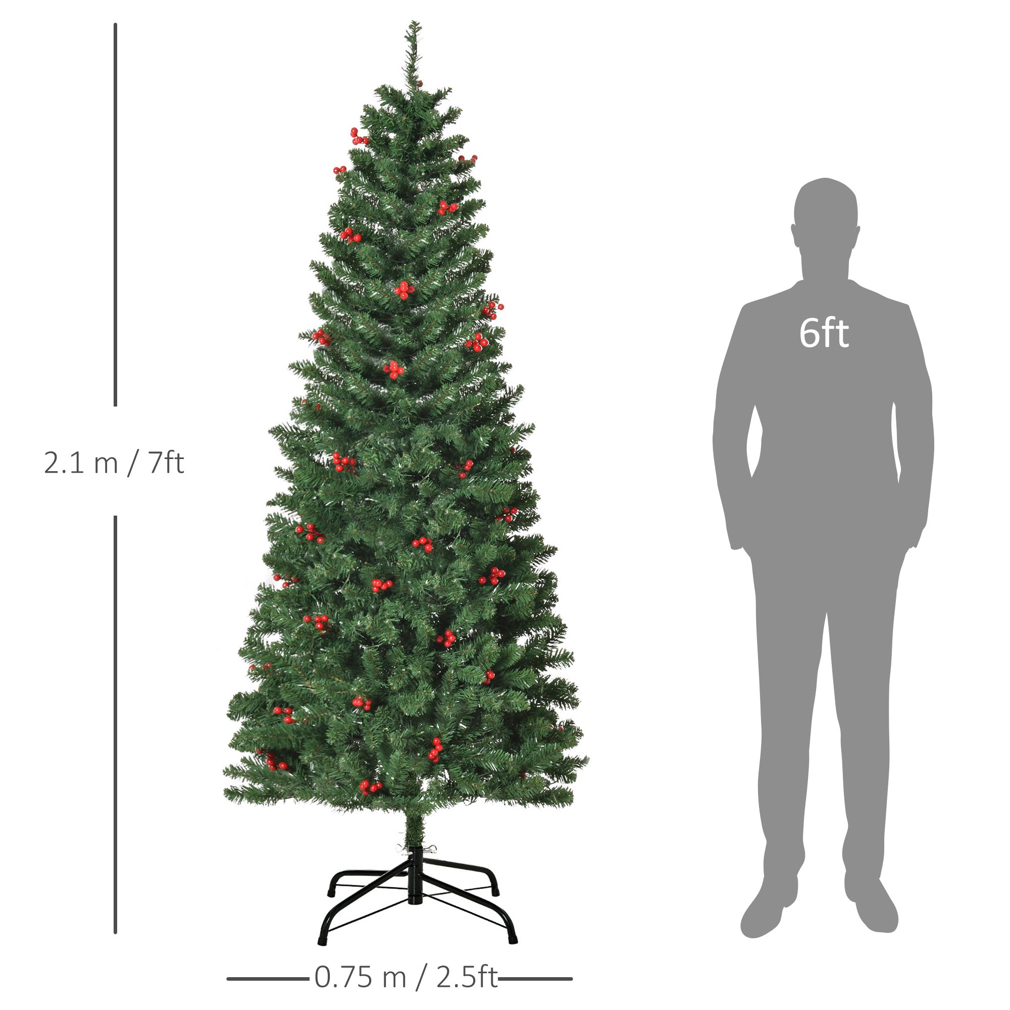 HOMCOM 7FT Prelit Artificial Pencil Christmas Tree with Warm White LED Light, Red Berry, Holiday Home Xmas Decoration, Green 