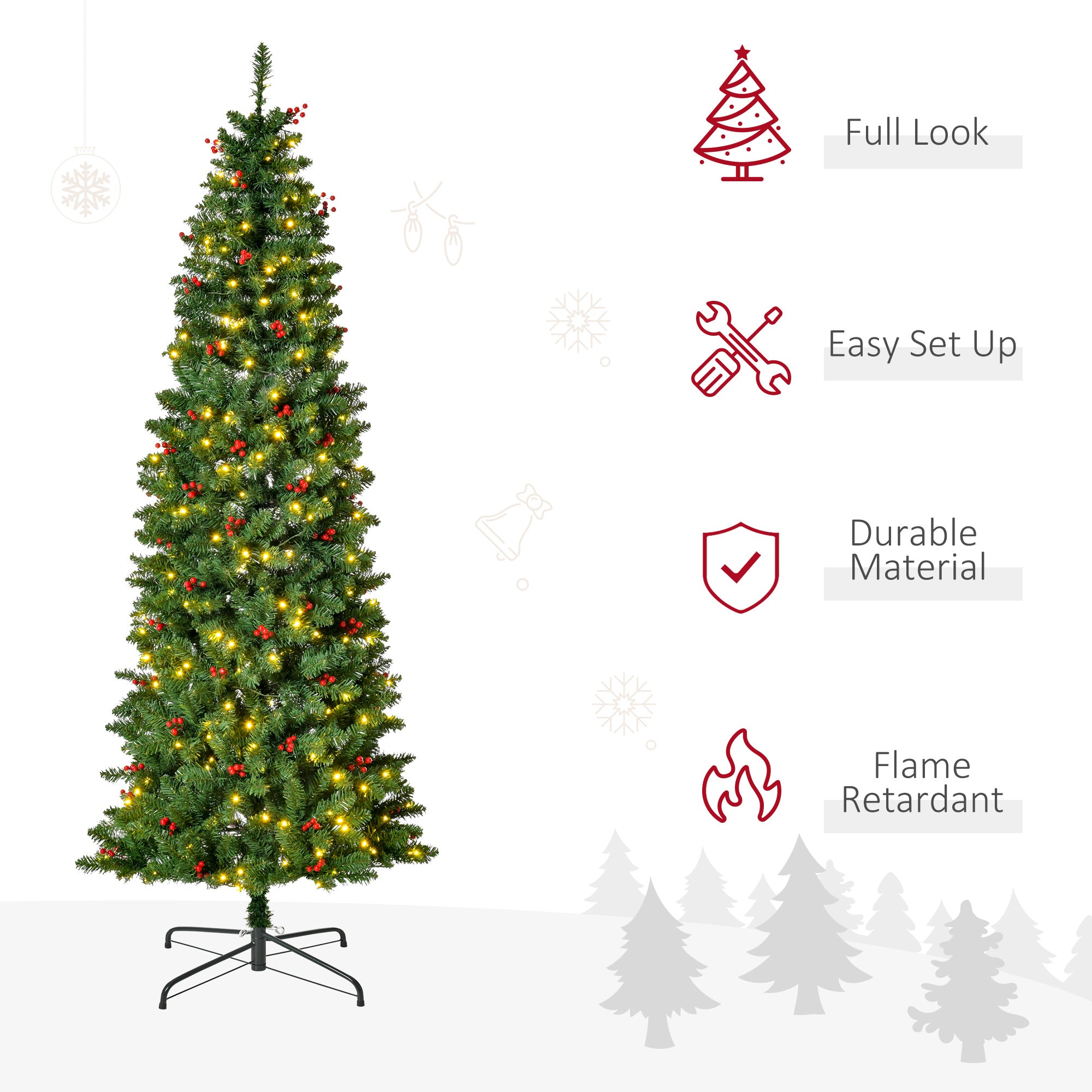 HOMCOM 7FT Prelit Artificial Pencil Christmas Tree with Warm White LED Light, Red Berry, Holiday Home Xmas Decoration, Green 