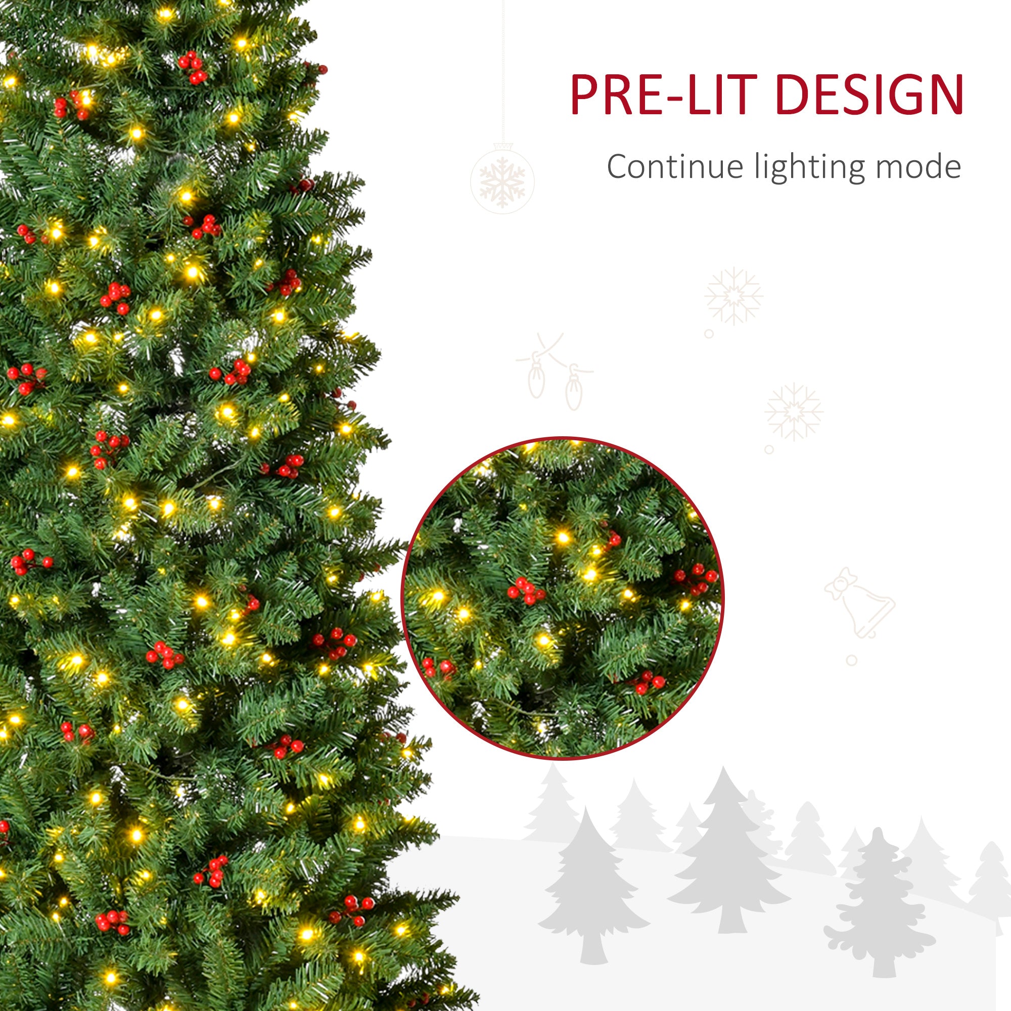 HOMCOM 7FT Prelit Artificial Pencil Christmas Tree with Warm White LED Light, Red Berry, Holiday Home Xmas Decoration, Green 