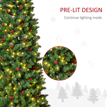 HOMCOM 7FT Prelit Artificial Pencil Christmas Tree with Warm White LED Light, Red Berry, Holiday Home Xmas Decoration, Green 
