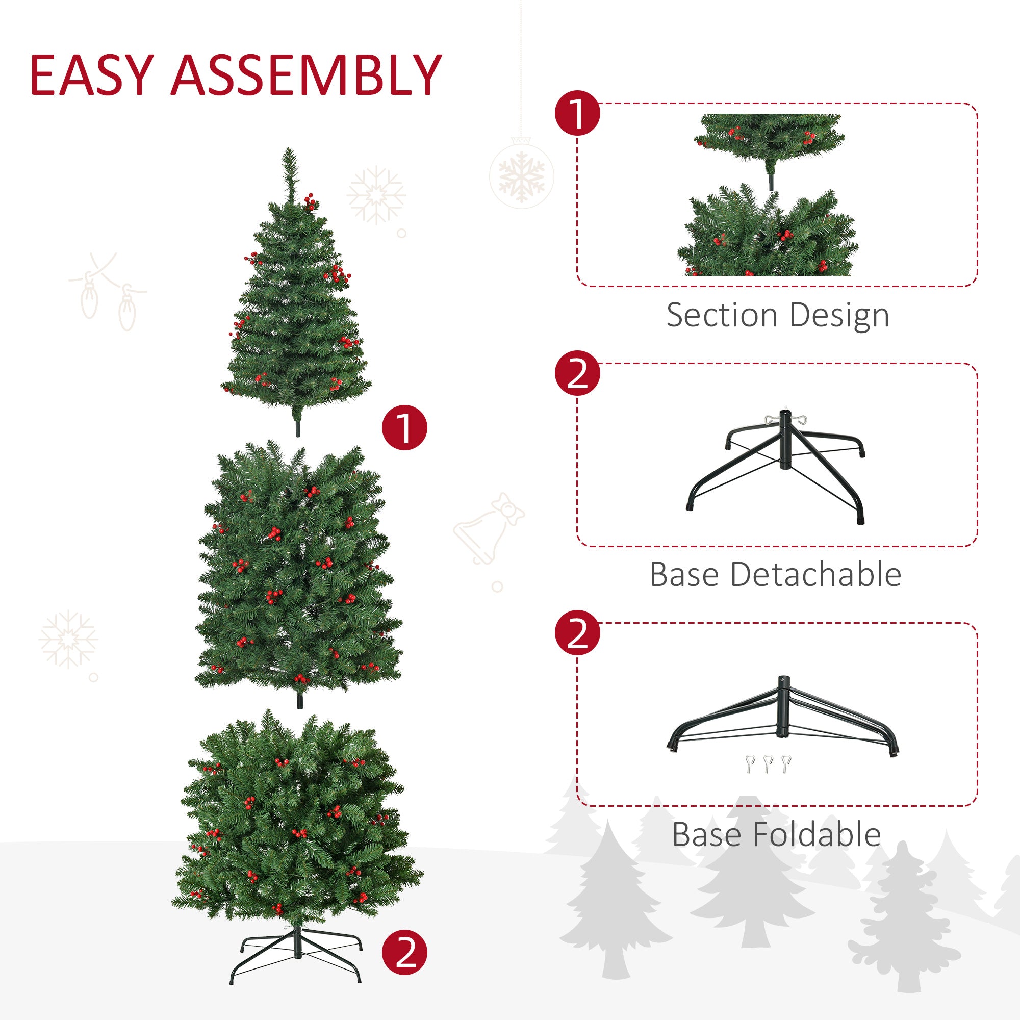 HOMCOM 7FT Prelit Artificial Pencil Christmas Tree with Warm White LED Light, Red Berry, Holiday Home Xmas Decoration, Green 