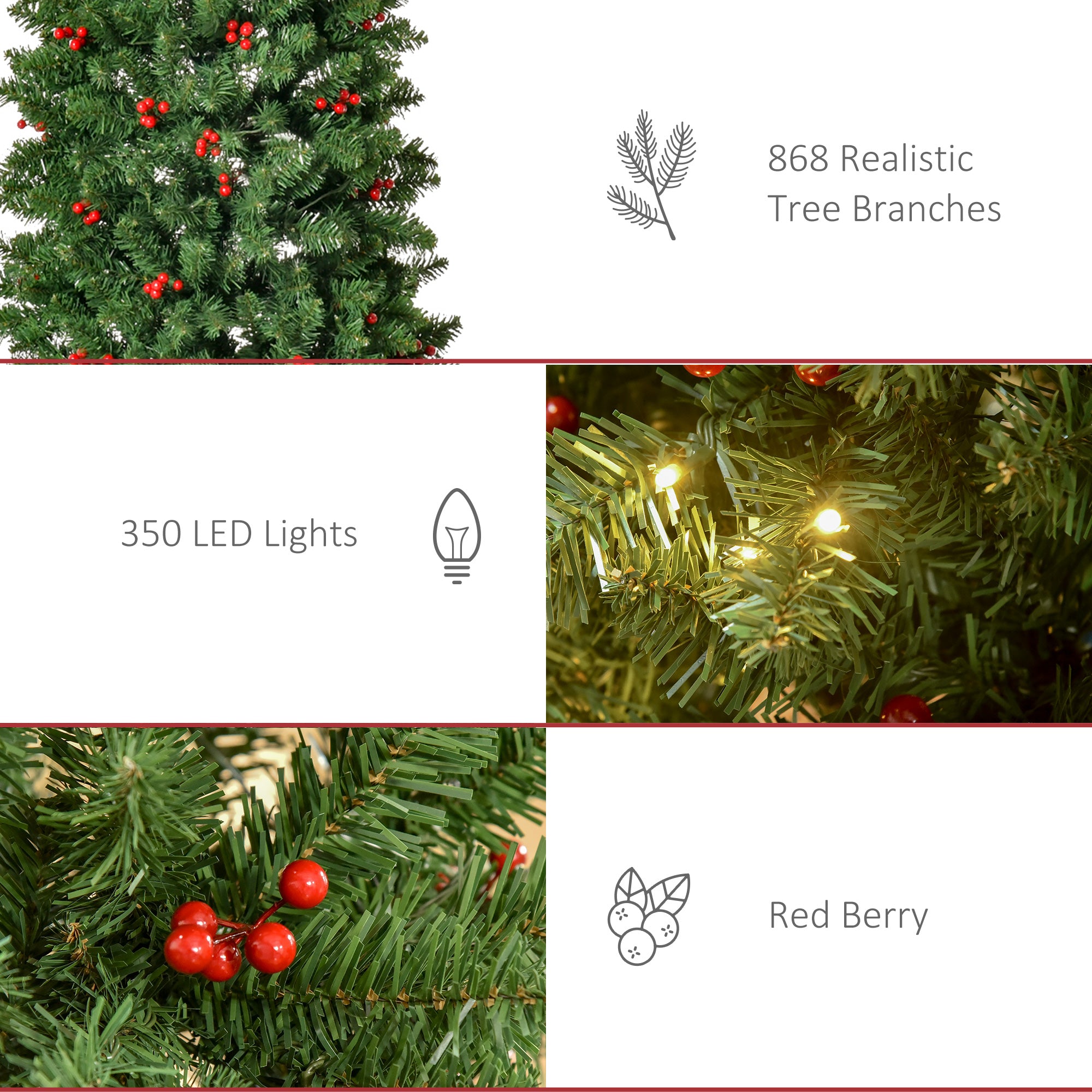 HOMCOM 7FT Prelit Artificial Pencil Christmas Tree with Warm White LED Light, Red Berry, Holiday Home Xmas Decoration, Green 