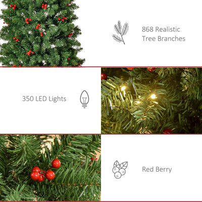 HOMCOM 7FT Prelit Artificial Pencil Christmas Tree with Warm White LED Light, Red Berry, Holiday Home Xmas Decoration, Green 