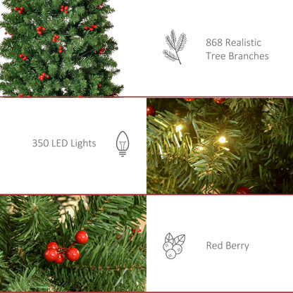 HOMCOM 7FT Prelit Artificial Pencil Christmas Tree with Warm White LED Light, Red Berry, Holiday Home Xmas Decoration, Green 