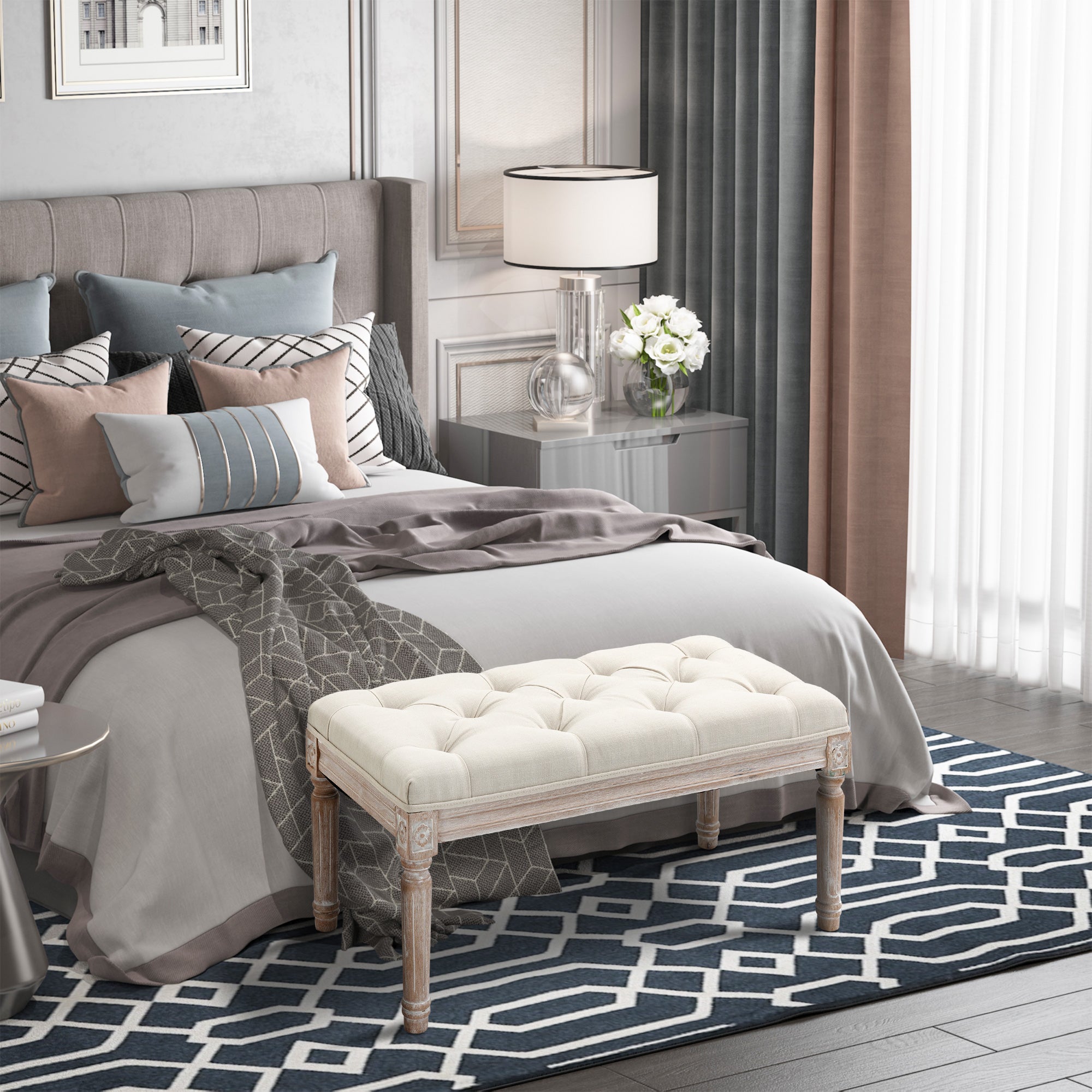 HOMCOM 80cm End of Bed Bench, Window Seat, Tufted Bench for Bedroom, Hallway, Living Room, Cream White 