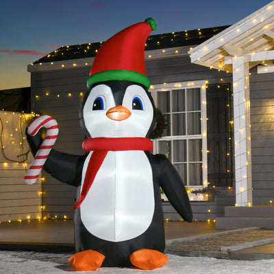 HOMCOM 8ft Inflatable Christmas Penguin Holding Candy Cane Blow Up Outdoor Decoration with LED Lights for Holiday 