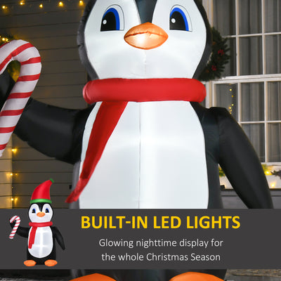 HOMCOM 8ft Inflatable Christmas Penguin Holding Candy Cane Blow Up Outdoor Decoration with LED Lights for Holiday 