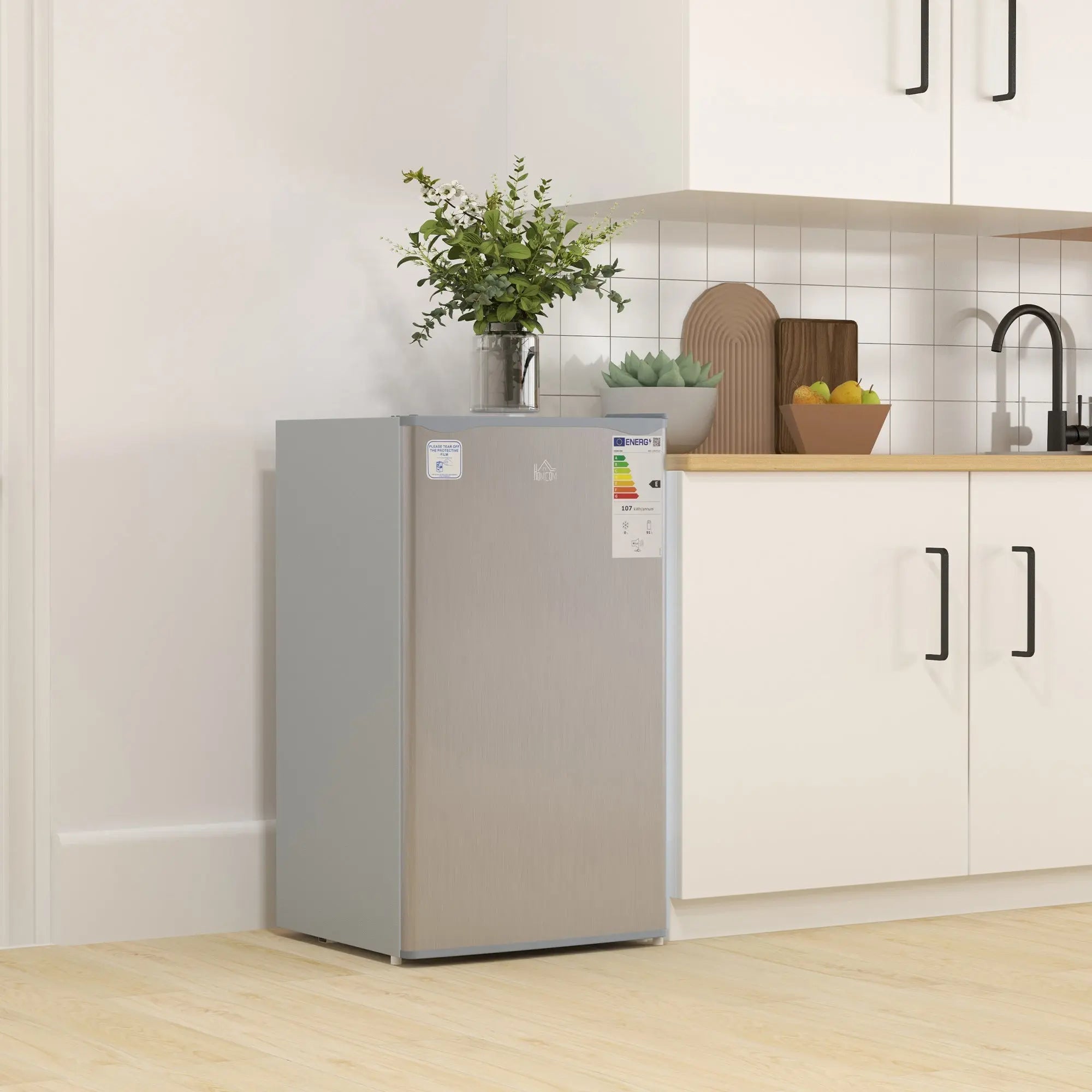HOMCOM 91 Litre Freestanding Under Counter Fridge Freezer, Small Fridge with Chiller Box, Adjustable Thermostat, 47.5cm Wide, Grey 