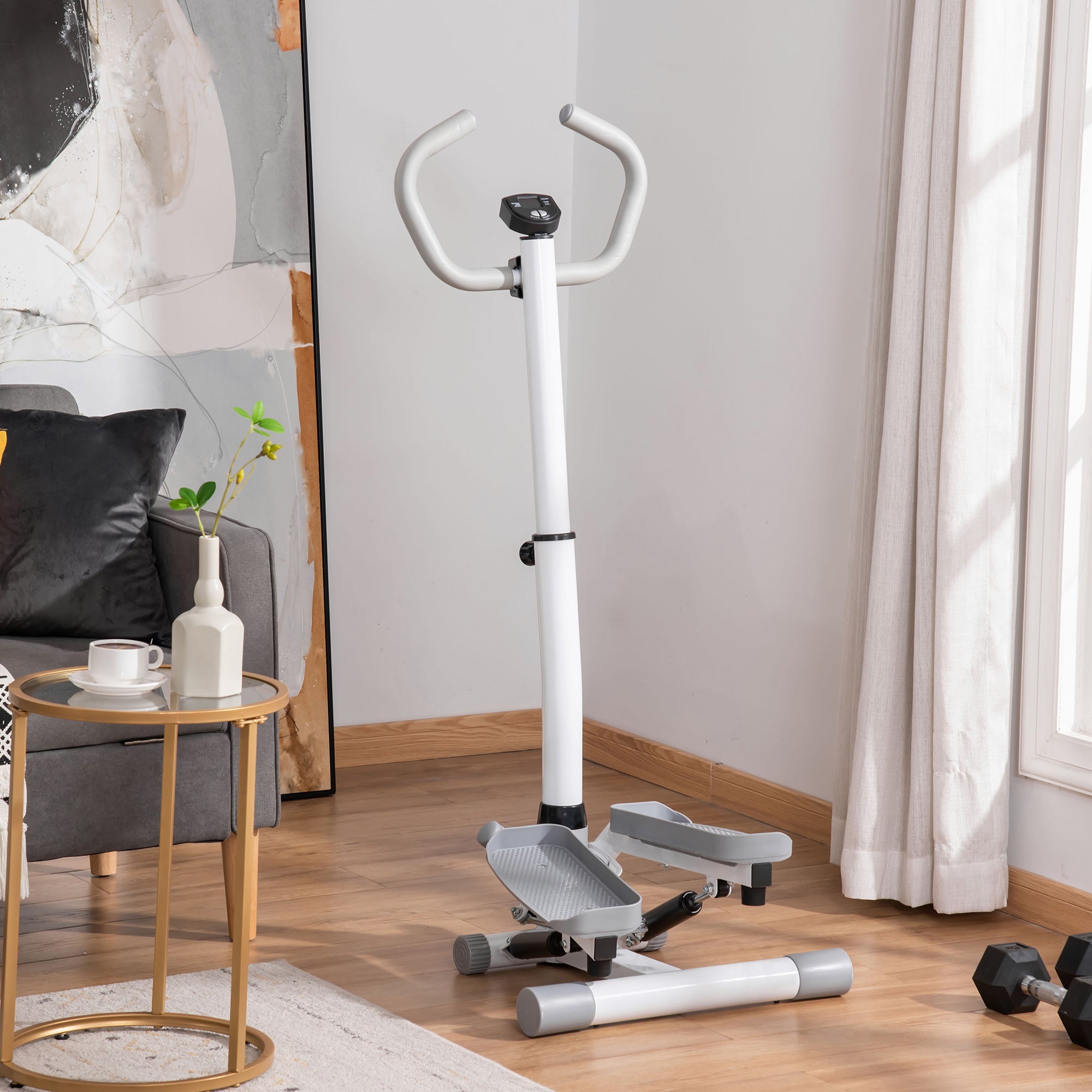 HOMCOM Adjustable Twist Stepper Aerobic Ab Exercise Fitness Workout Machine w/ LCD Screen, Height Adjust Handlebars for Home Gym, White and Grey 