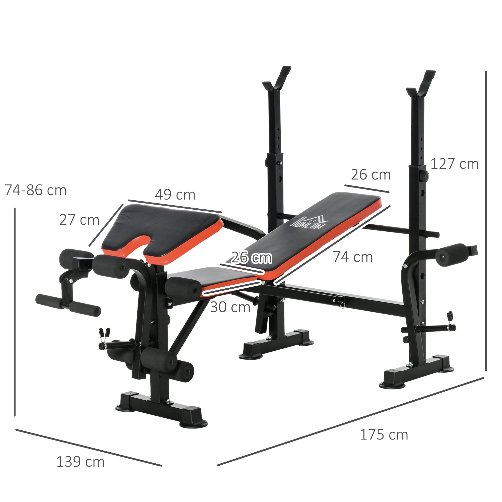 HOMCOM Adjustable Weight Bench with Leg Developer Barbell Rack for Weight Lifting and Strength Training Multifunctional Workout Station for Home Gym Fitness 